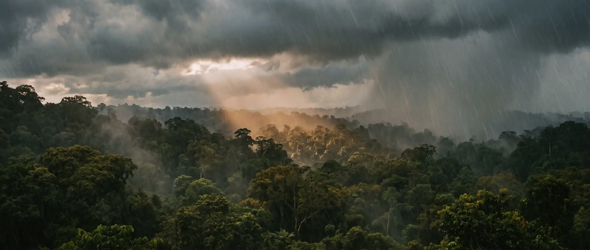 A tropical rainstorm sweeping across the rainforest canopy, with one shaft of light breaking through.