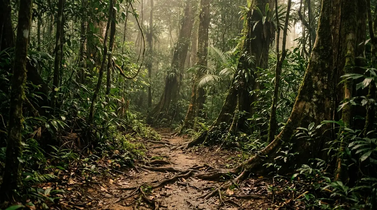 A narrow trail under a high closed canopy, dappled light on the forest floor.
