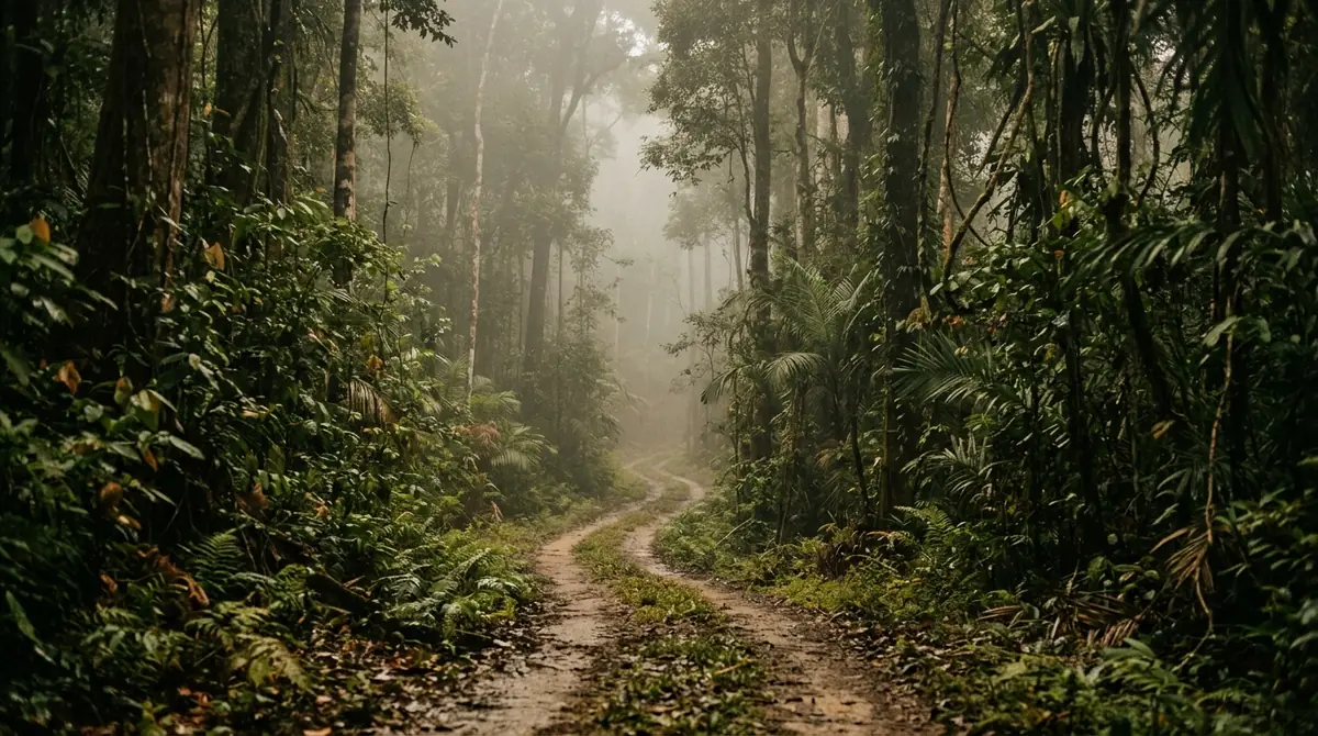An empty forest road at dawn with mist hanging low between the trees.