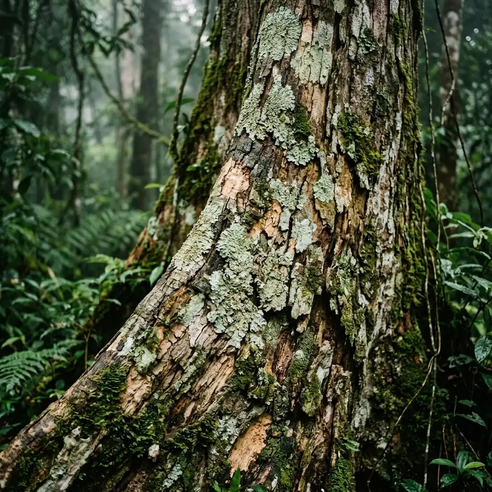 Close view of tropical tree bark covered in pale lichen and green moss.