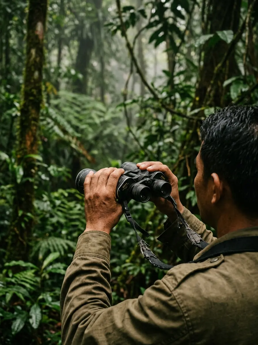 A pair of hands holding binoculars, dense green forest blurred behind.
