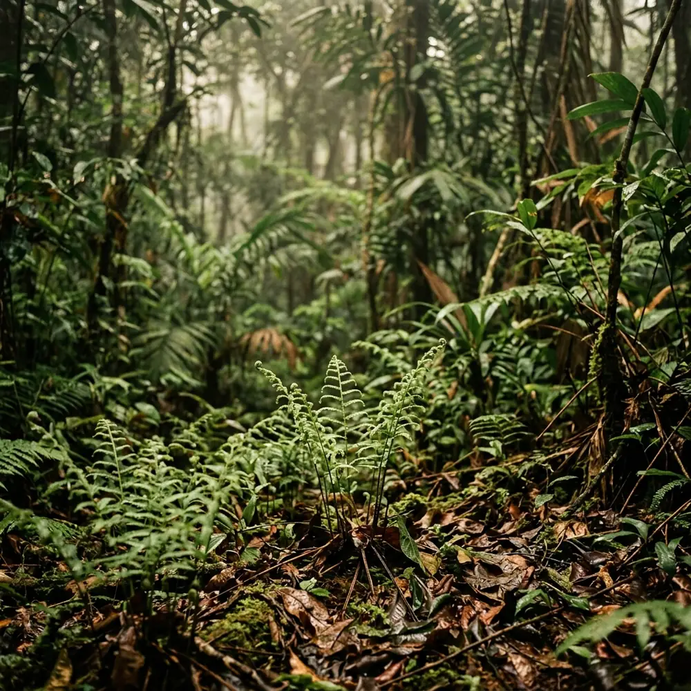 Rainforest floor detail, unfurling ferns and damp leaf litter.