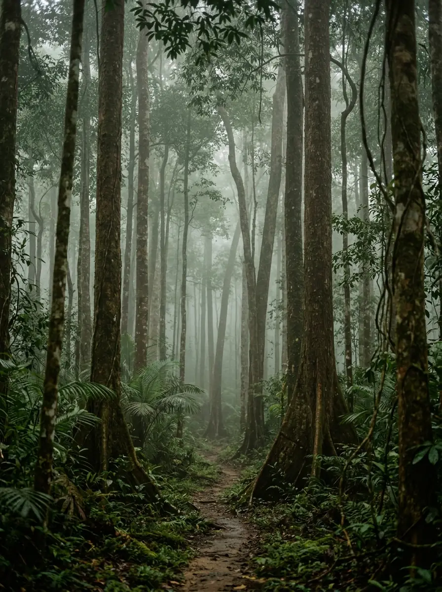 Mist drifting between tall straight rainforest trunks in receding layers.