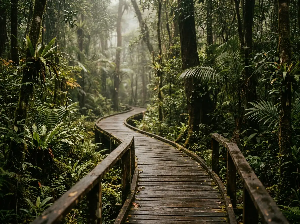 A timber boardwalk curving away into dense rainforest.