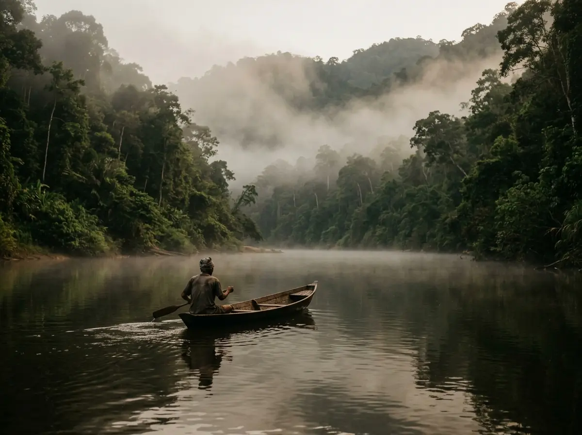 A small wooden boat on a wide river at first light, low mist, forested banks.