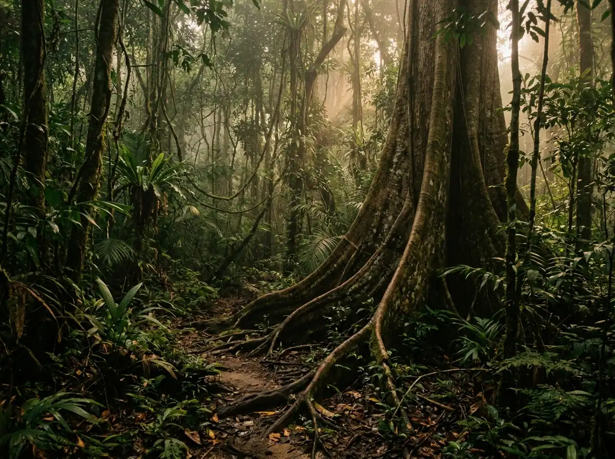 Buttress roots inside old-growth rainforest, morning light through the understorey.