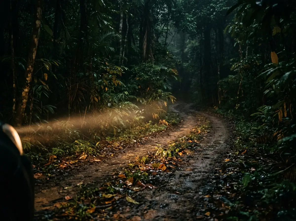 A forest road at night lit by a single spotlight beam.