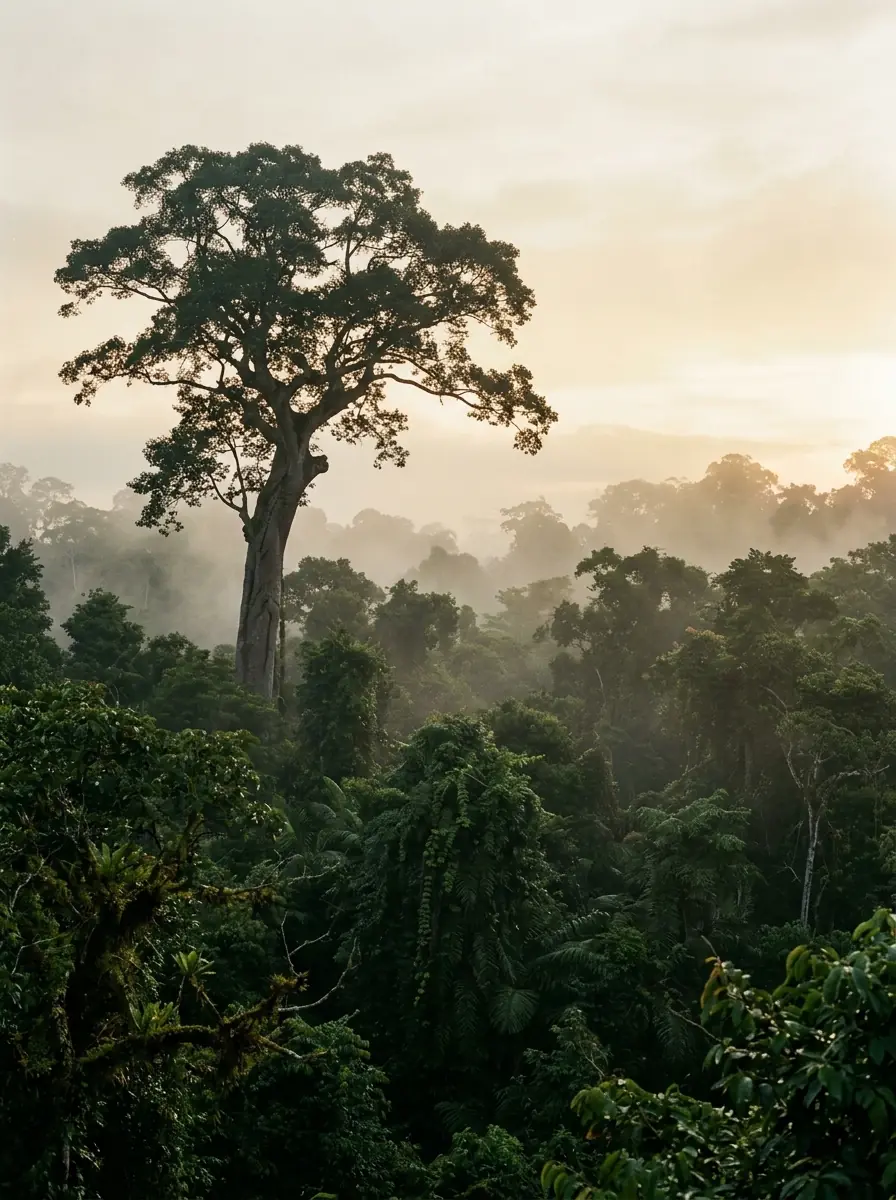 A single enormous emergent rainforest tree rising above the canopy at dawn, silhouetted against mist.