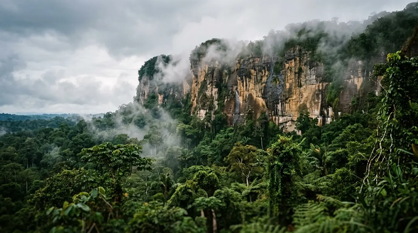 A tall cliff face rising out of unbroken rainforest, cloud caught against the rock.