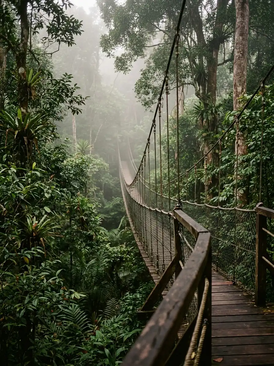 An empty suspension walkway receding into mist high above the forest floor.