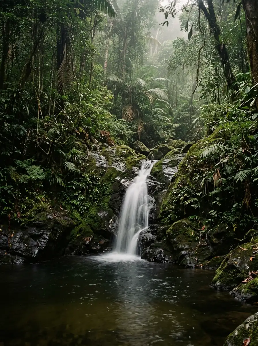 A rainforest waterfall falling into a dark pool over mossy black rock.