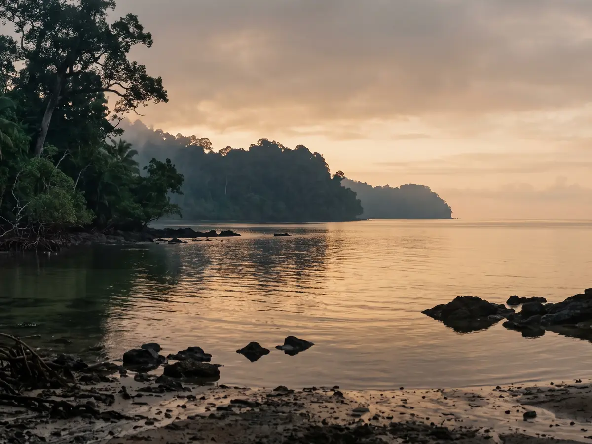 A calm shallow coastline at dusk, still water and warm light.