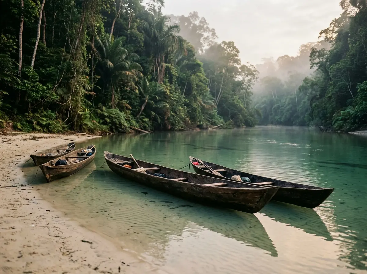 Traditional wooden boats resting on shallow clear water over pale sand.