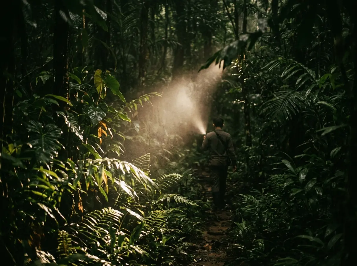 A torch beam sweeping through dense night vegetation on a forest walk.