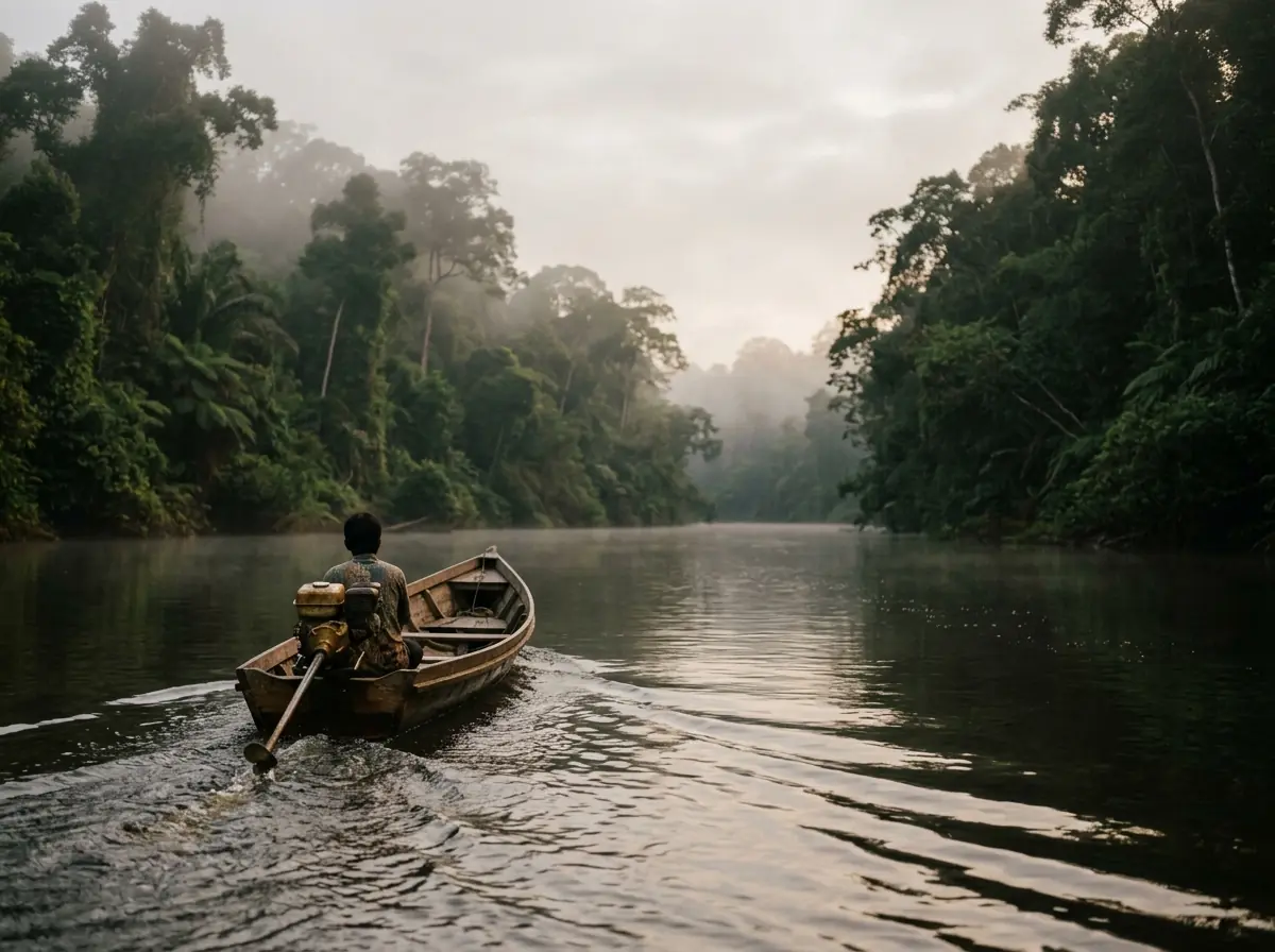 A small boat travelling a wide river at dawn, mist on the water.