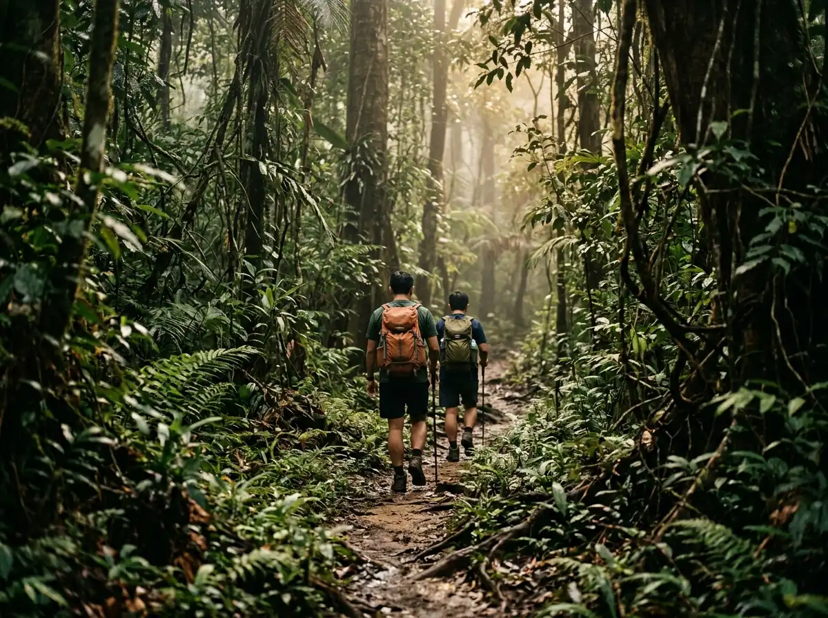Two trekkers with packs walking away along a narrow forest trail.