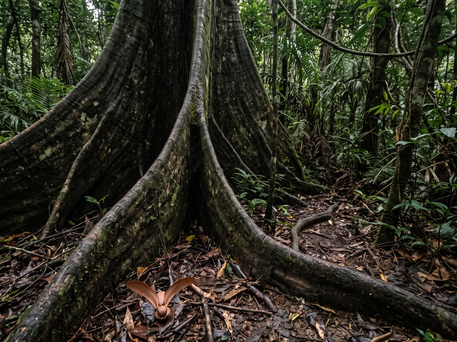 The buttress roots of a mature dipterocarp on the forest floor, under deep brown leaf litter.