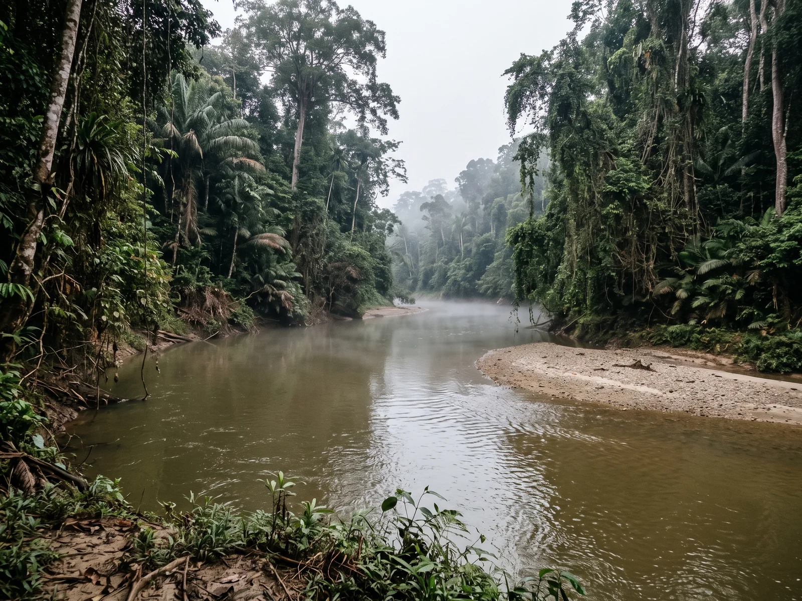 A brown forest river running between banks of dense rainforest, with a pale gravel bar on the inside of the bend.