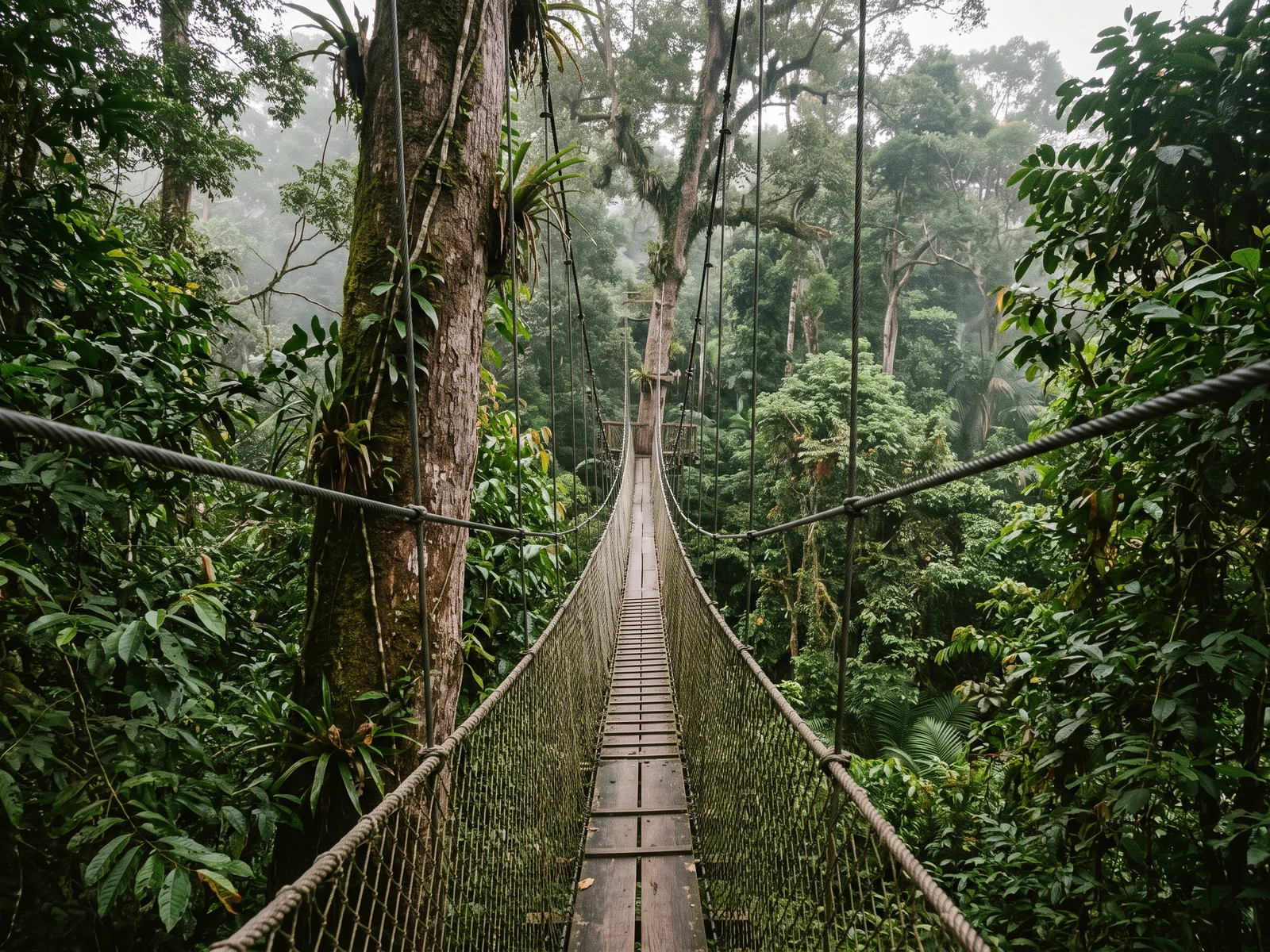 A rope-and-plank walkway suspended through the upper canopy, seen looking along its length.