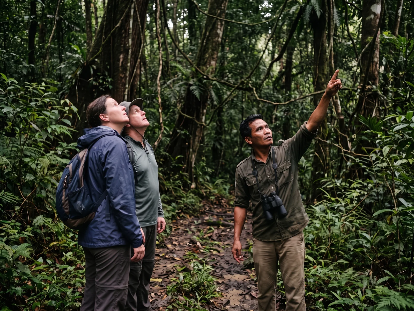 A guide on a forest trail pointing up into the canopy while two guests follow his line.