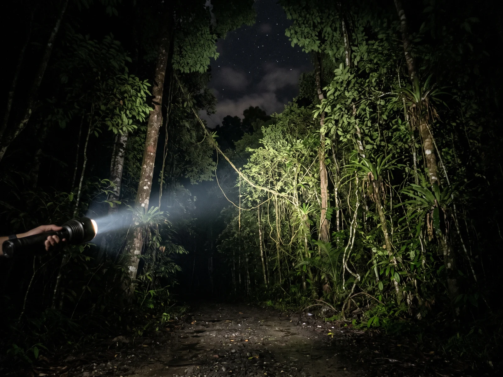 A spotlight beam sweeping into dense forest from a road at night, picking out leaves and trunks in a cone of light.