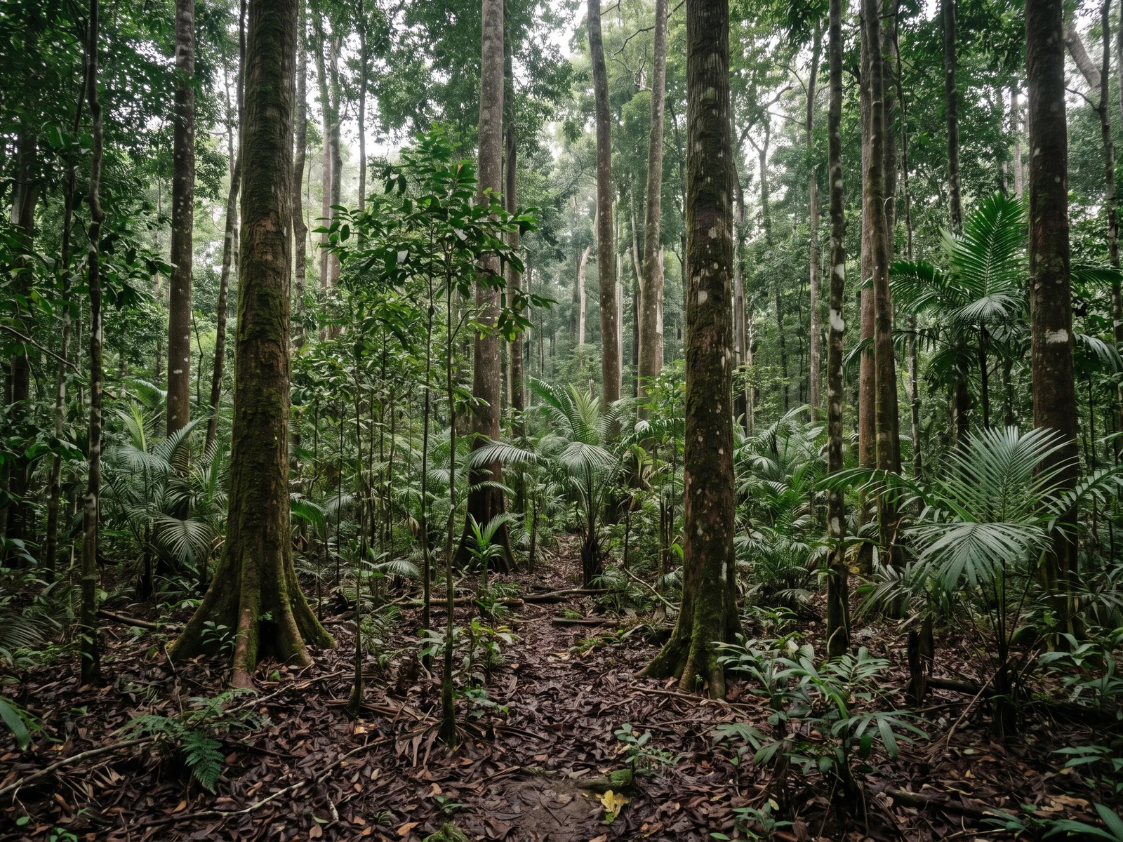 The interior of mixed dipterocarp forest in flat daylight — tall straight trunks, an open understorey and deep leaf litter.