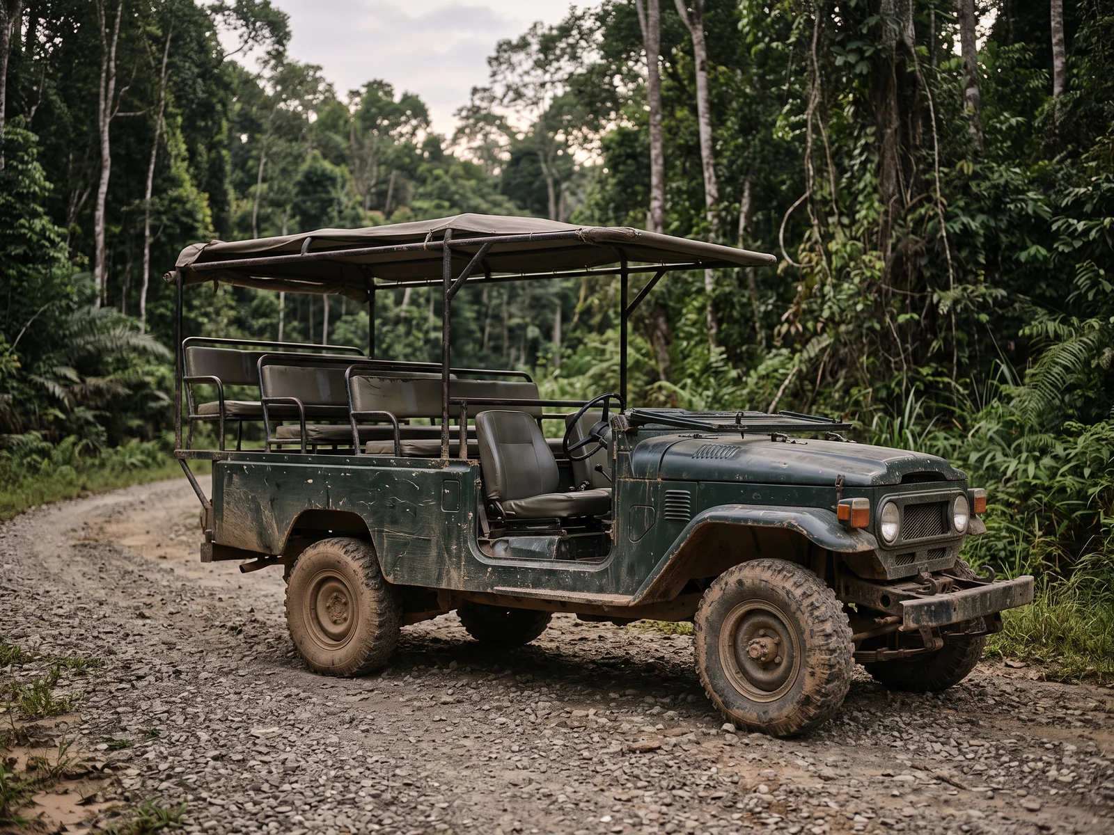 A plain open-sided four-wheel-drive with tiered bench seats, parked empty and unbranded on a gravel forest road.