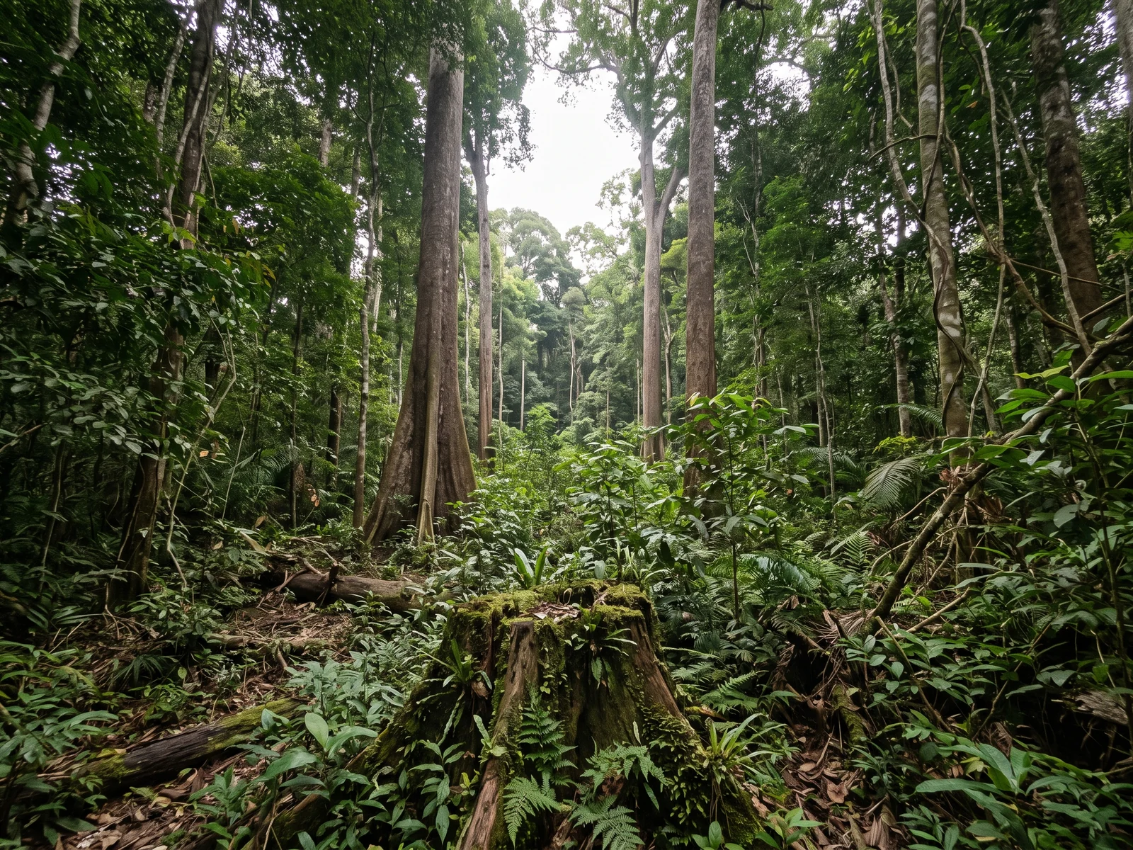 Selectively logged forest from the inside: large mature trees left standing, a gap in the canopy above, an old mossy stump and vigorous young growth.