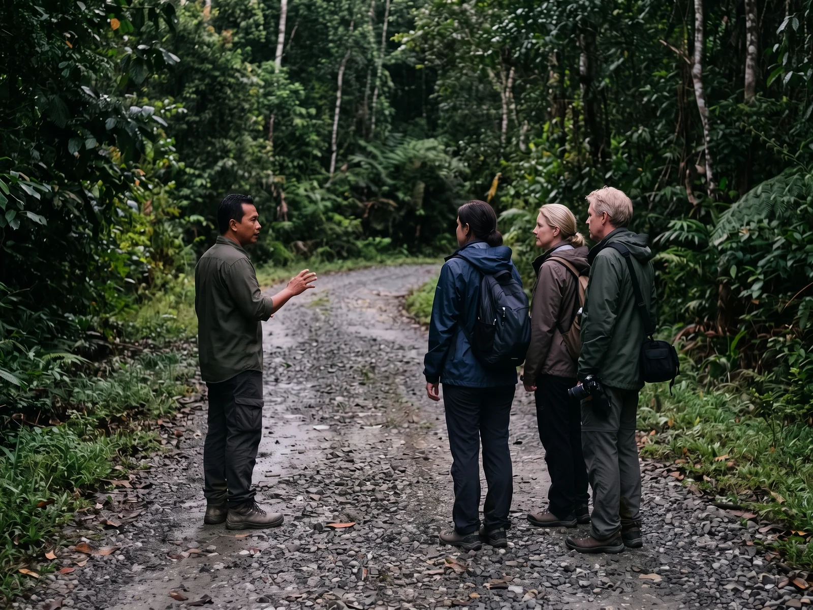 A guide talking to three guests on a gravel forest road at dusk, seen from behind and three-quarters.