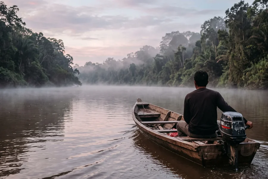 A small open boat on a wide brown river at first light, low mist on the water and forest along both banks.