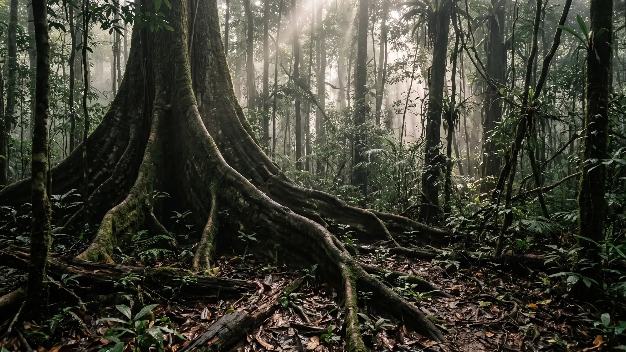 Interior of undisturbed lowland rainforest — buttress roots of a mature hardwood, low morning light through the canopy.