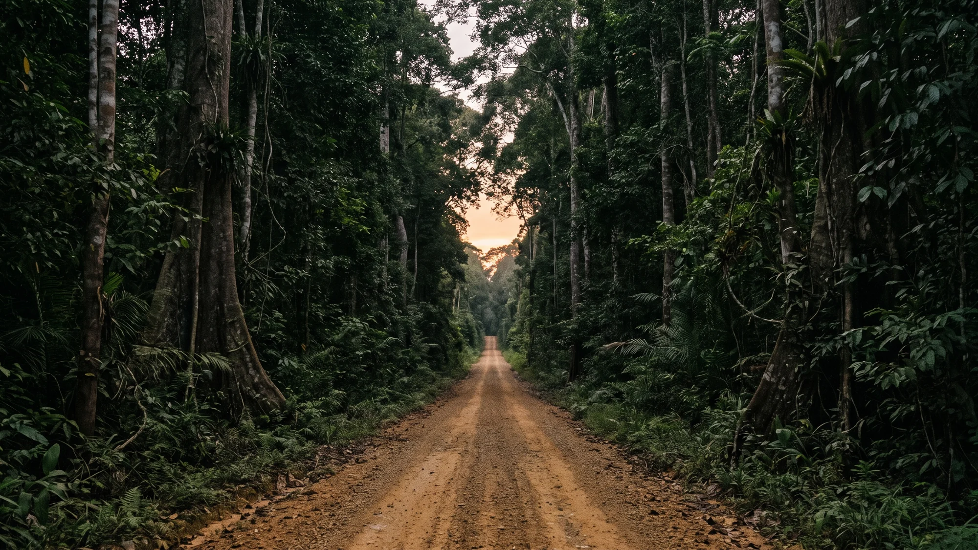 A straight gravel forest road running away through tall rainforest at dusk, the canopy almost meeting overhead.
