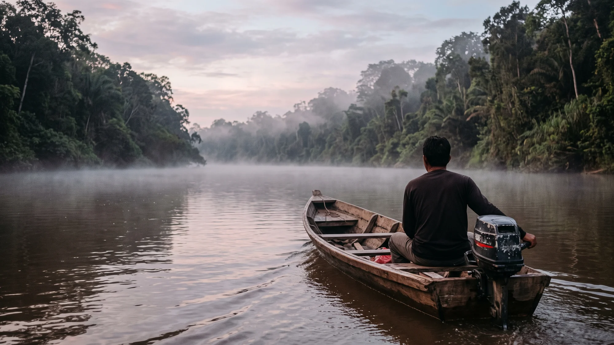 A small open boat moving along a wide brown river at first light, low mist on the water and dense forest crowding both banks.