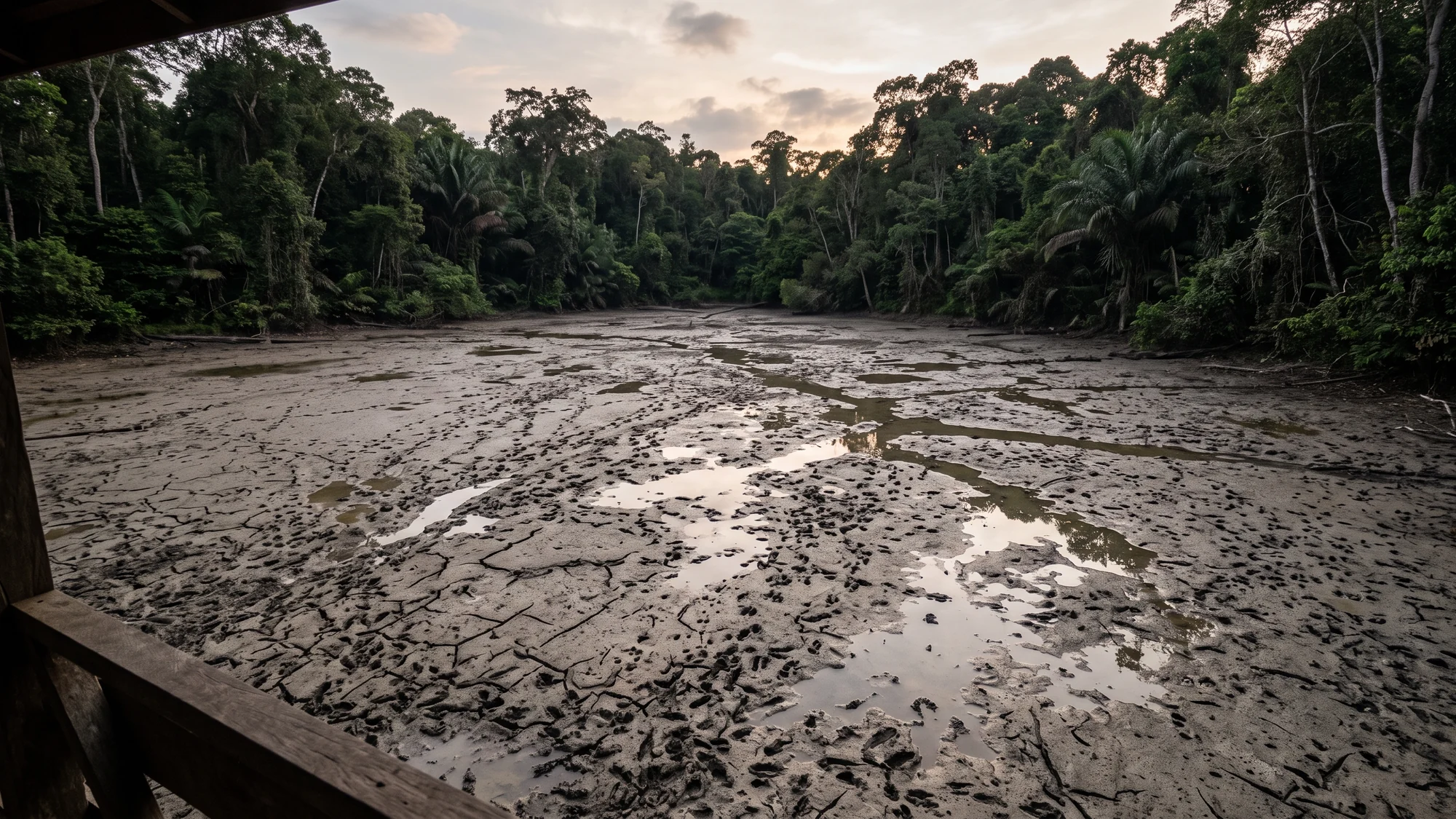 A wide clearing of pale cracked mud in the middle of rainforest at dusk, crossed with animal tracks and shallow pools.