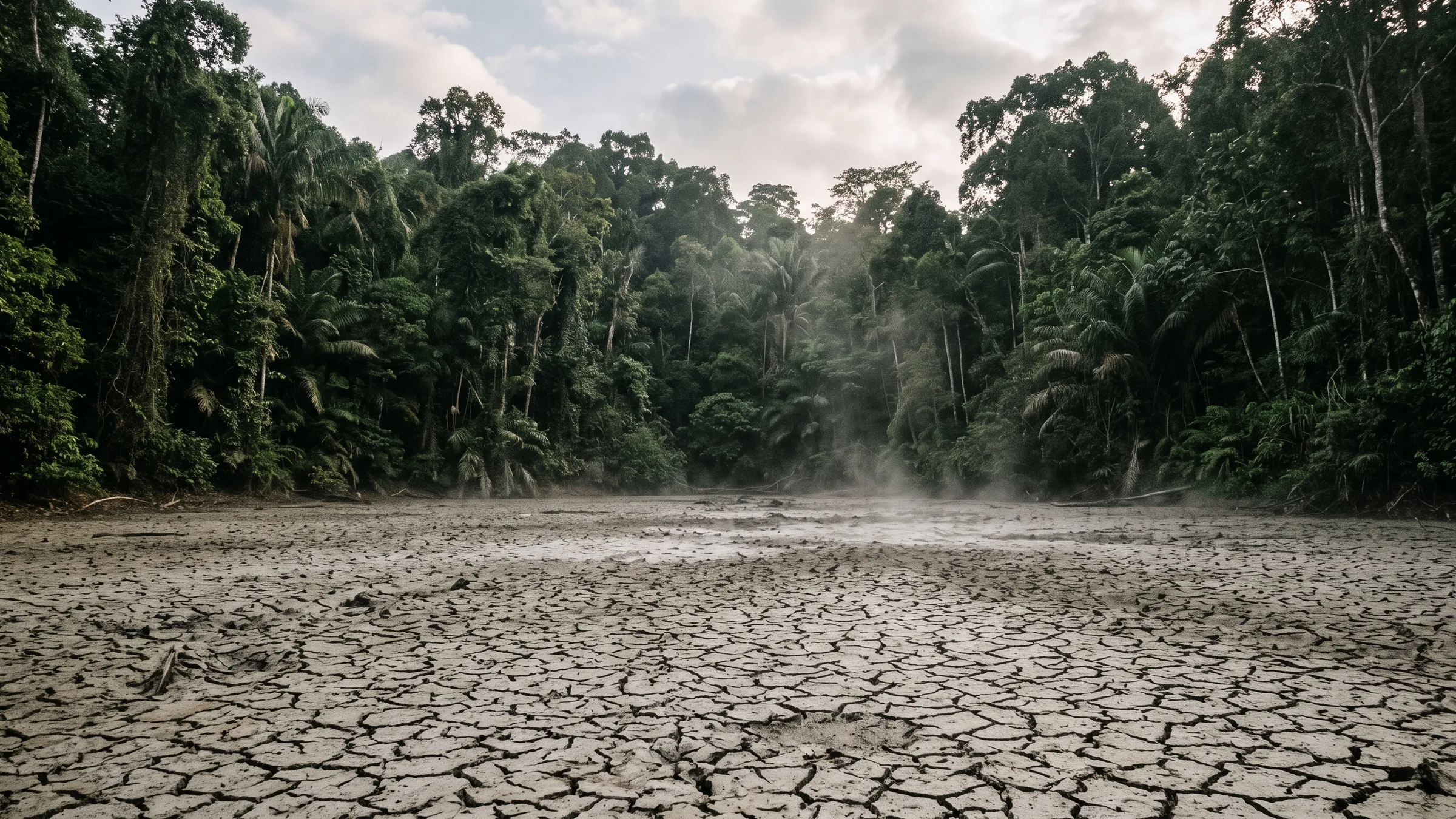 A clearing of pale cracked mud inside lowland rainforest, vapour rising from the surface in late afternoon light.