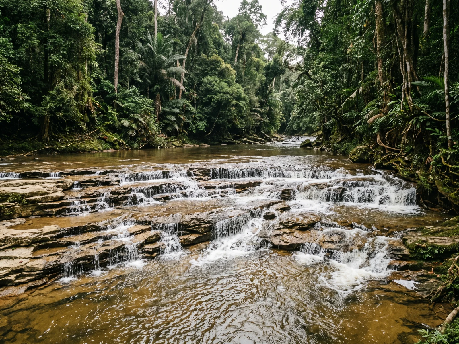 A wide, low waterfall sliding over stepped layers of pale sandstone and breaking into many small parallel cascades.