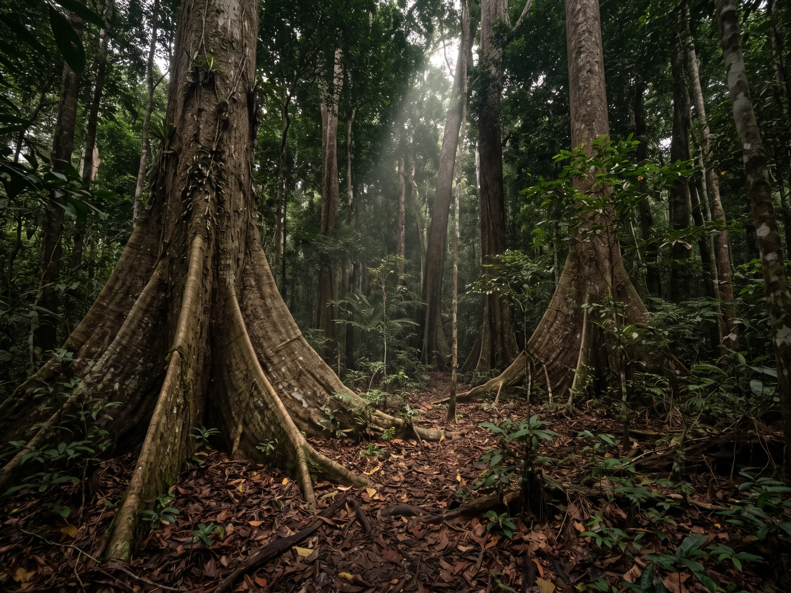 The interior of never-logged rainforest — huge straight trunks with tall blade-like buttress roots and one shaft of light from far above.