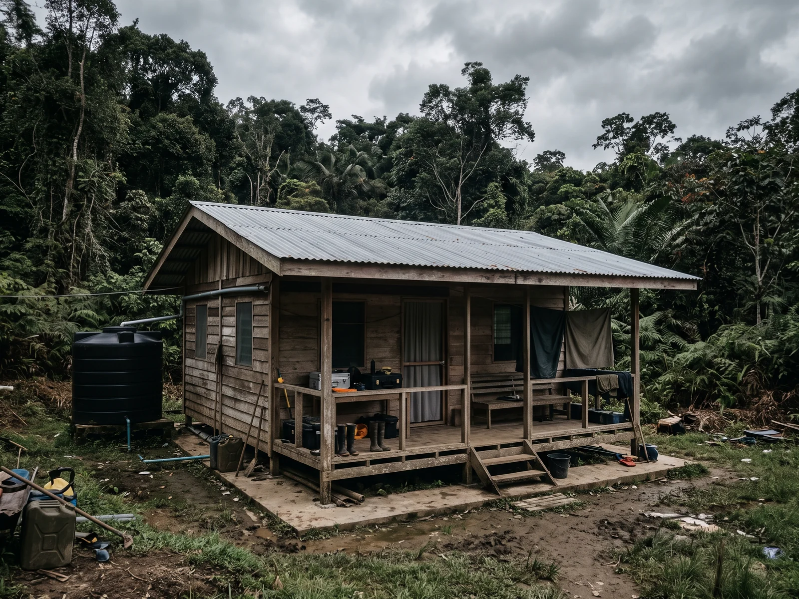 A plain single-storey timber field research station with a corrugated roof and covered veranda at the forest edge.