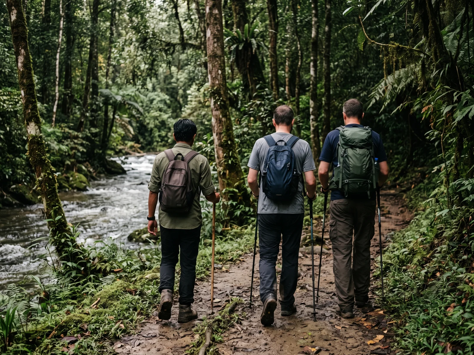 A guide leading two guests away along a narrow trail beside a river, all seen from behind.