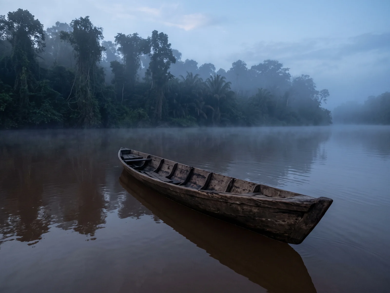 A narrow wooden boat drifting on still brown water at dawn, thick mist softening the far bank into silhouette.