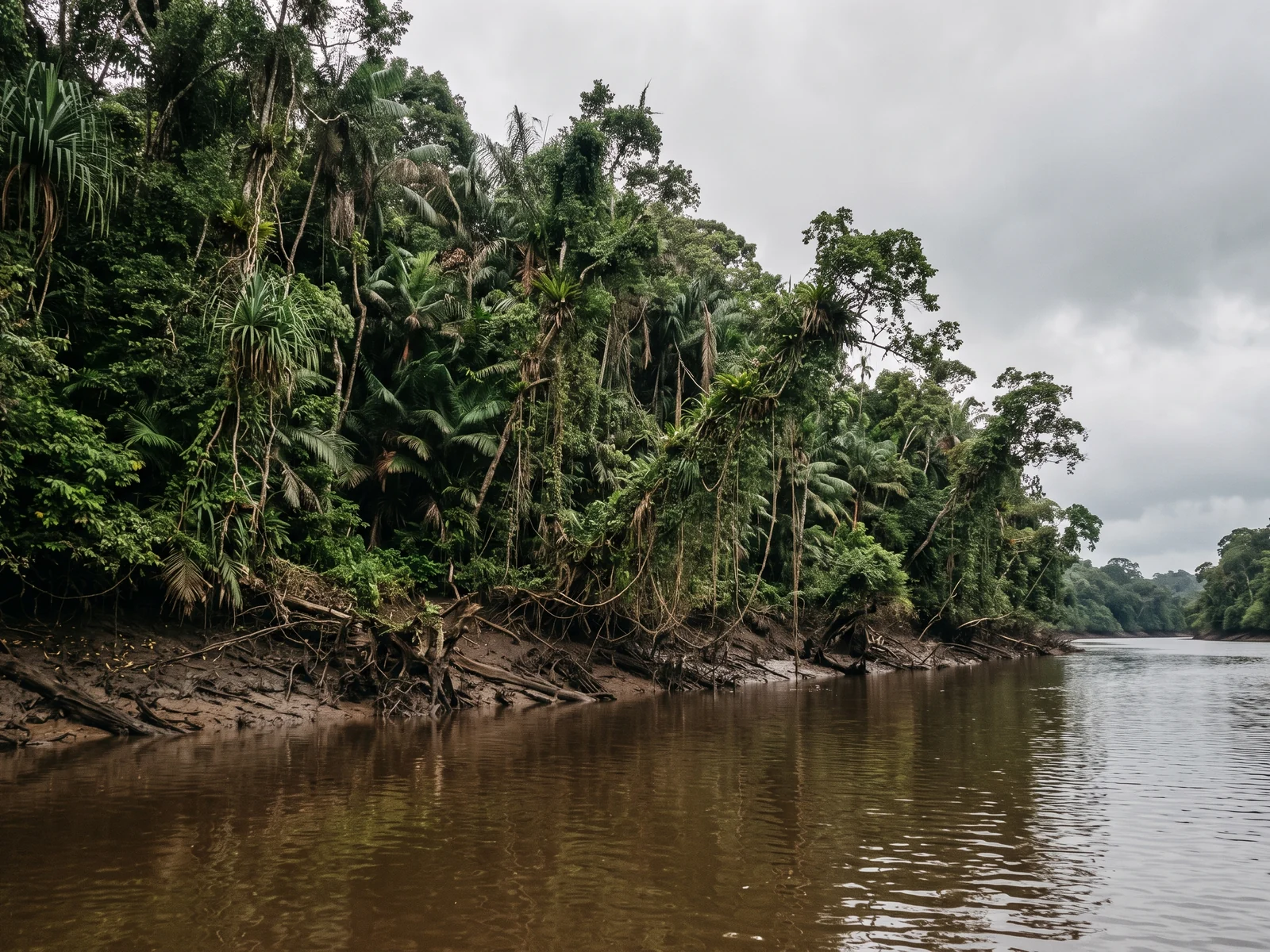 Riverside forest seen from the water — a tangled green wall of trees and palms leaning out over the river above an exposed muddy bank.