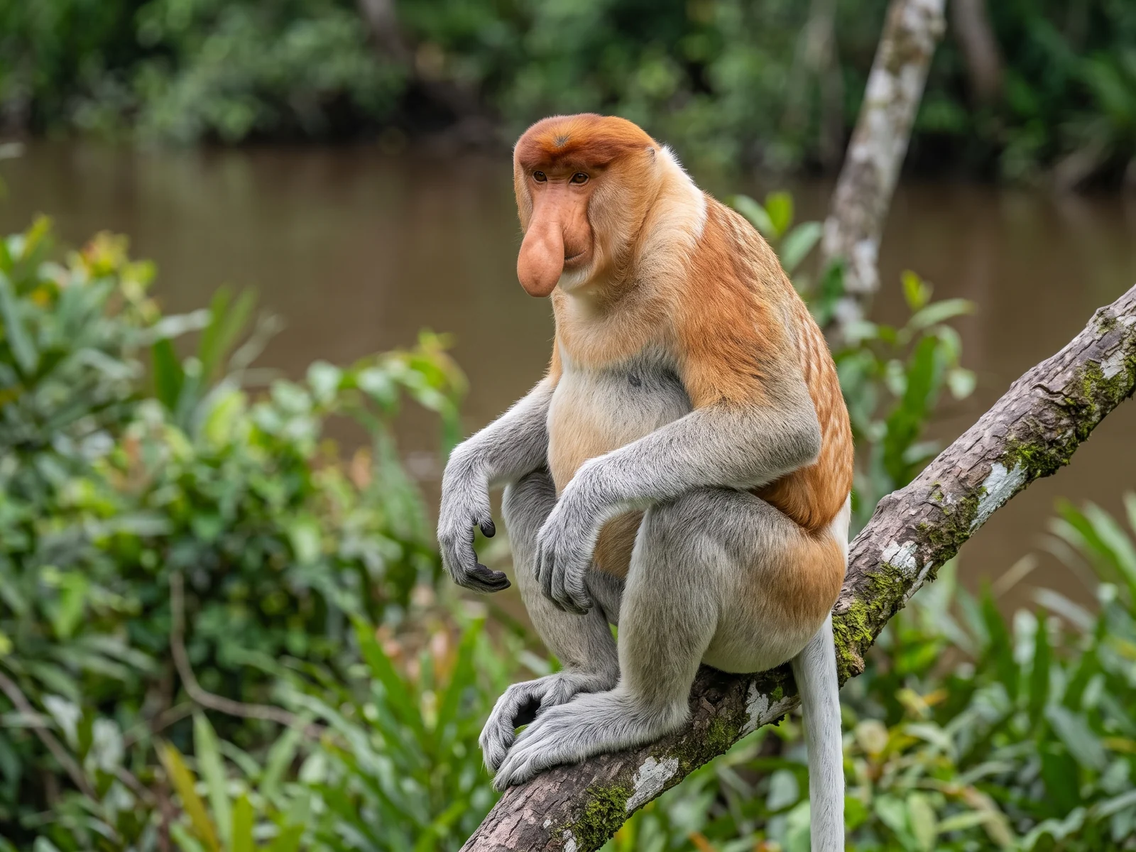 A male proboscis monkey sitting in a riverside tree, showing the broad pendulous nose, russet back, pale ruff and grey limbs.
