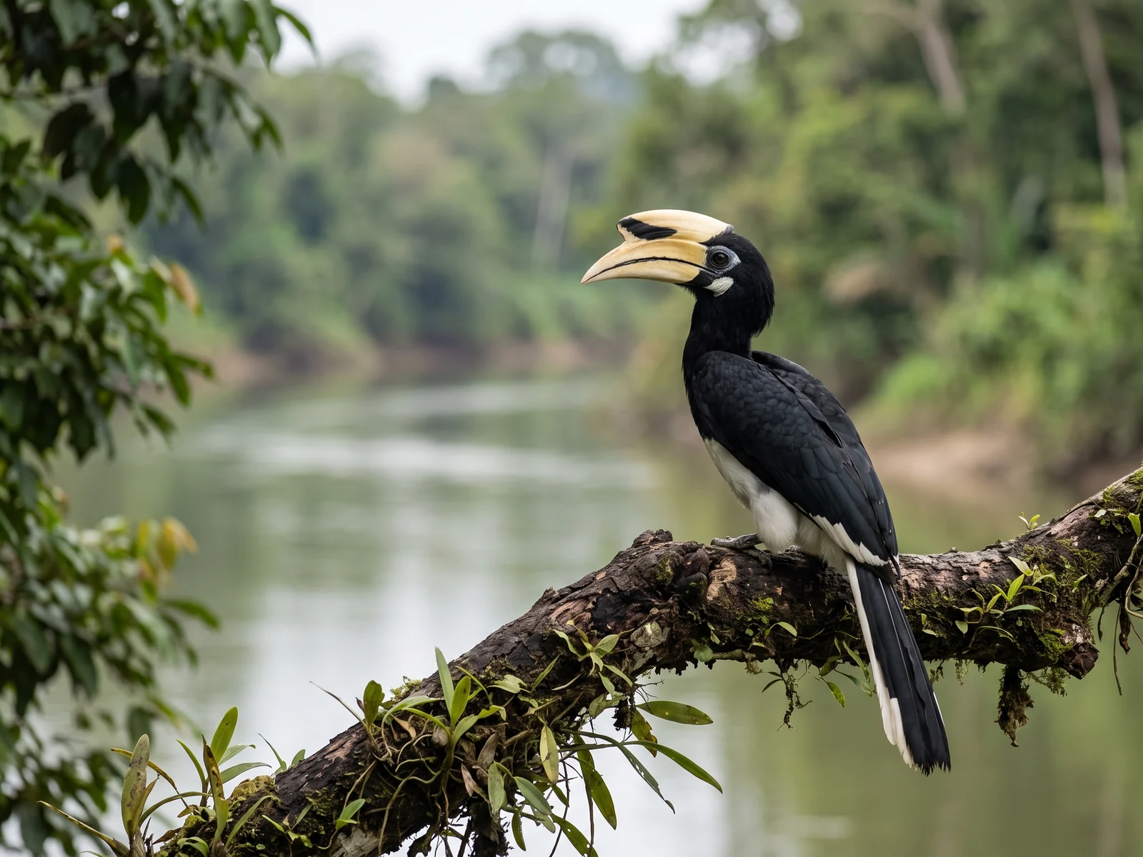An oriental pied hornbill perched on a riverside branch, black above with a white belly and a creamy-yellow bill.