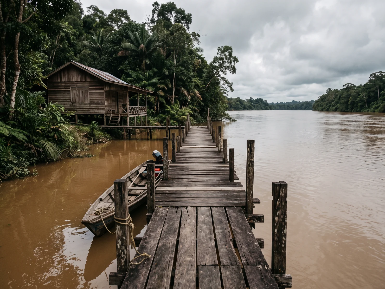 A simple timber jetty running out into a brown river, with a modest wooden lodge on low stilts set back among the trees.