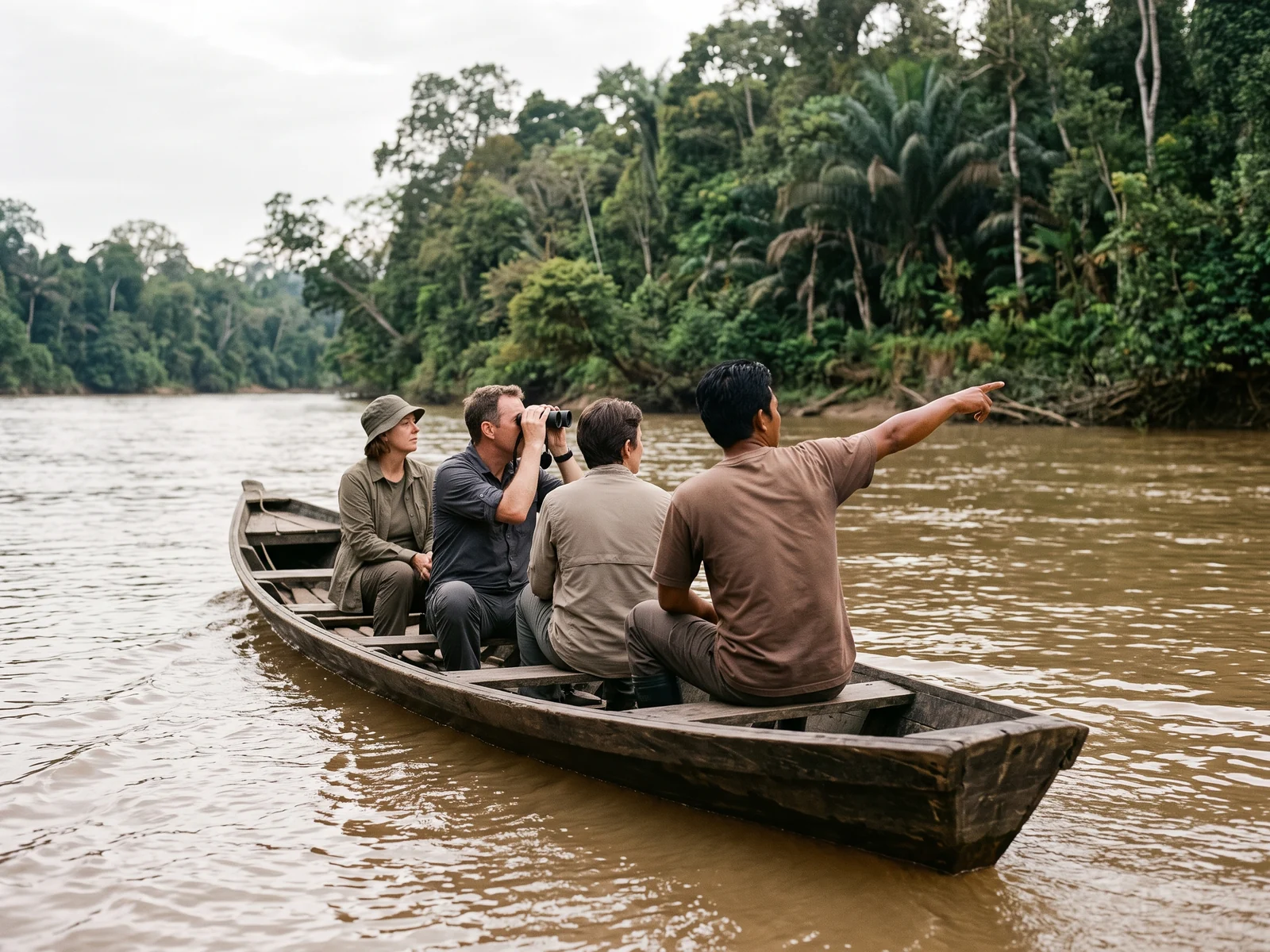 Four people low in an open river boat, the guide at the front pointing towards the bank and the others following his line.