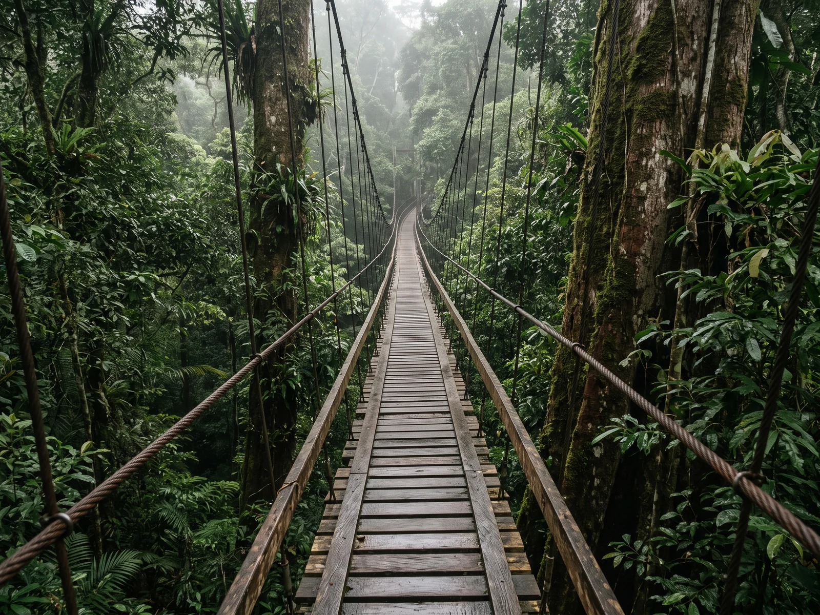 A narrow suspended walkway of cable and timber slats running away through the upper canopy.