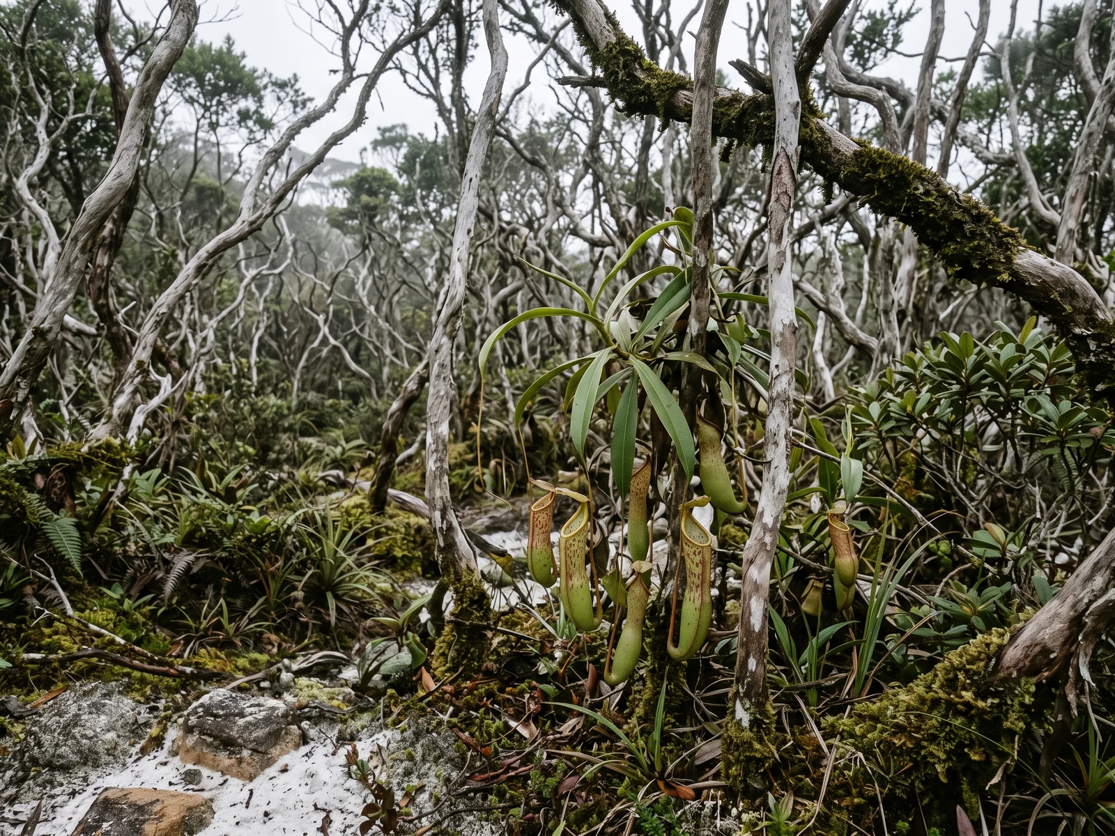 Stunted heath forest on a sandstone ridge — thin pale trunks, a sandy floor, and pitcher plants hanging on tendrils in the foreground.