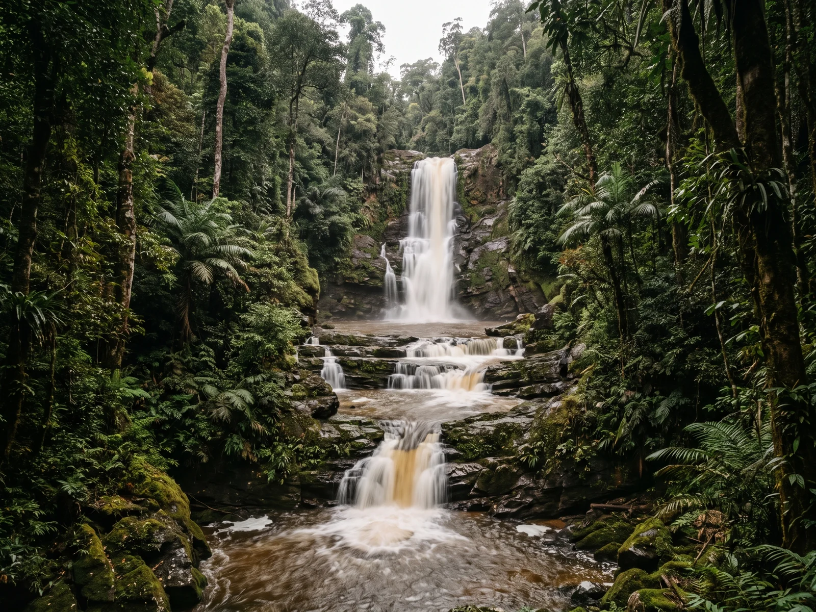 A multi-tiered waterfall dropping through a series of ledges and pools down a dark rock face, forest close on both sides.