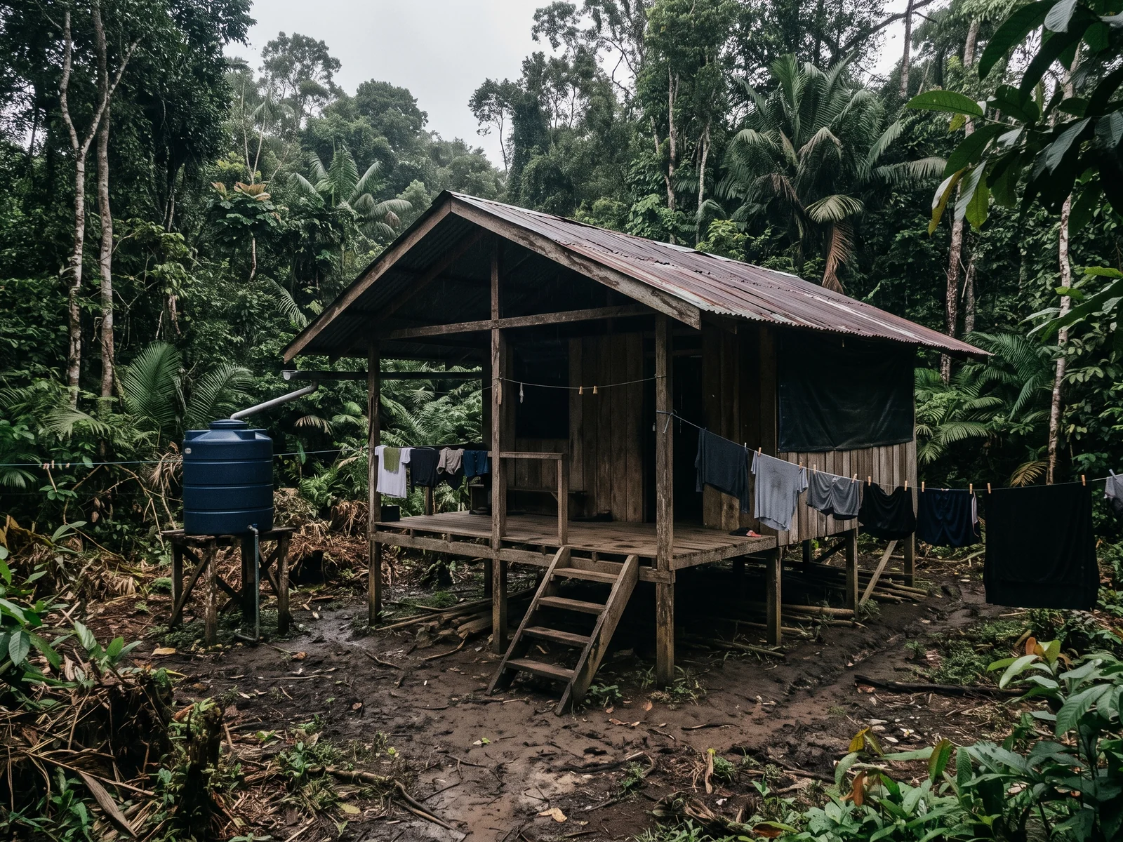 A simple timber field camp on stilts with a corrugated roof, a water tank and drying laundry, forest immediately behind.