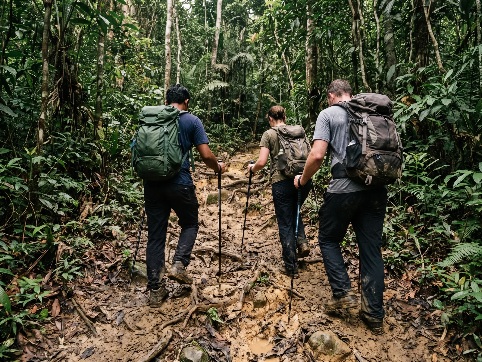 Three trekkers walking single file up a steep muddy trail behind their guide, seen from behind.